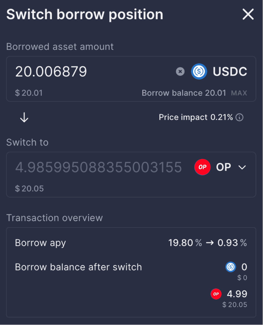 NOTE: again, the Price Impact may affect the value of your borrowed amount (USD).