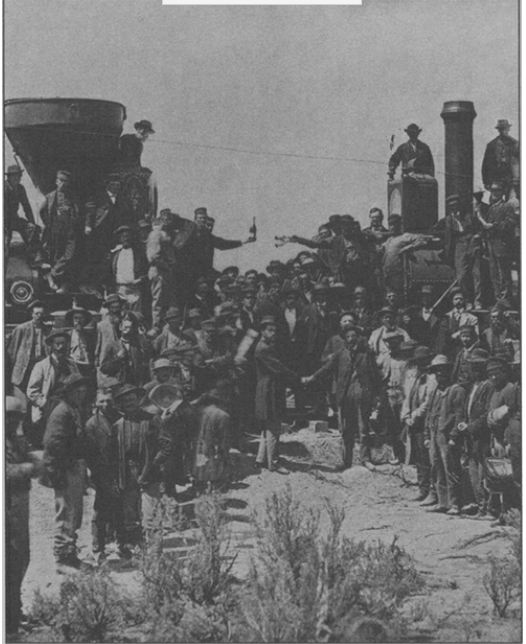 The great railroad boom of the 19th century ended in corruption and imaginative manipulation of the prices of railroad stocks. Above, railroad officials celebrate the completion of the first transcontinental rail line in 1869 in Promontory, Utah. 