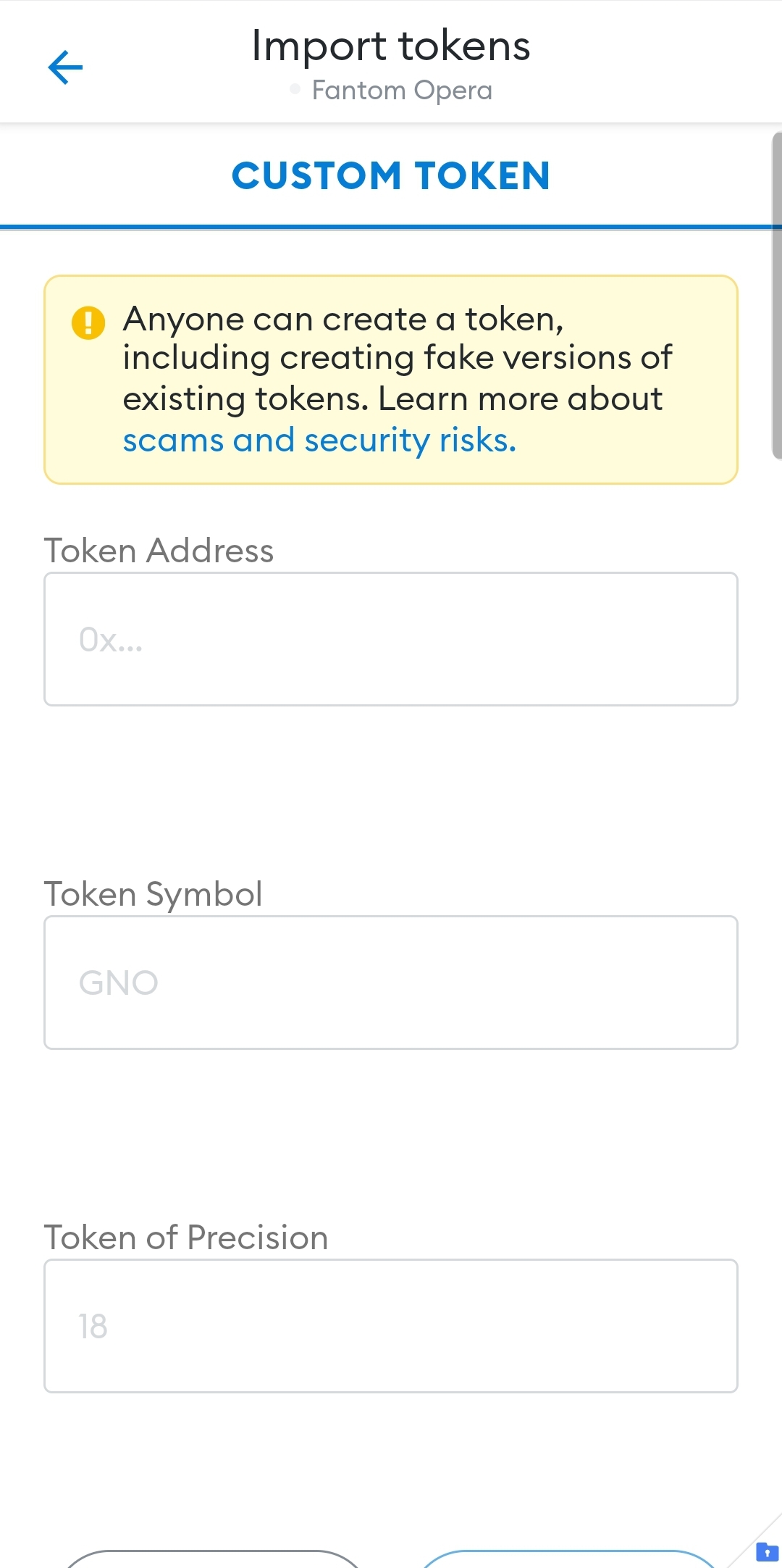 Custom Token screen