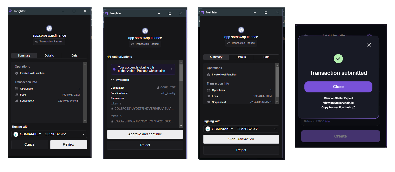 Screenshots of the process to provide liquidity to the token.