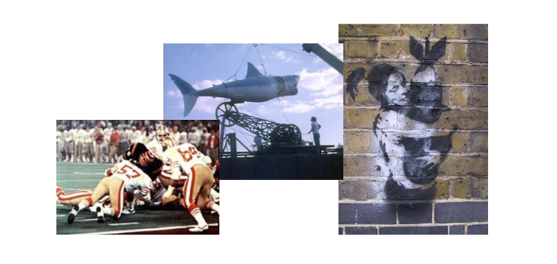 West Coast Offense, Speilberg and the Shark, Banksy - Source: Wikipedia.