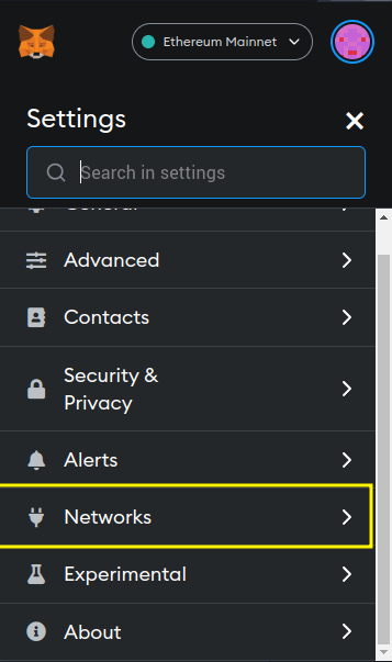 Localização da aba "Networks" em sua carteira MetaMask.