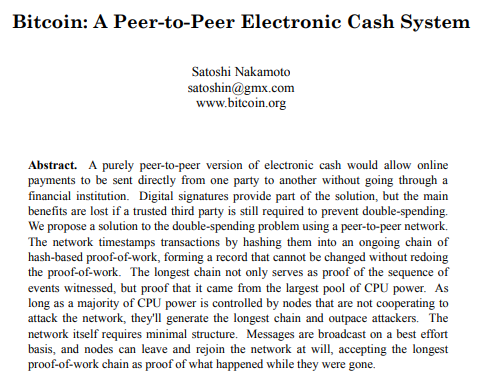 Whitepaper publicado por Satoshi Nakamoto em 2008