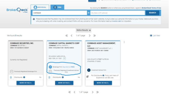 Búsqueda de Coinbase con la herramienta de BrokerCheck