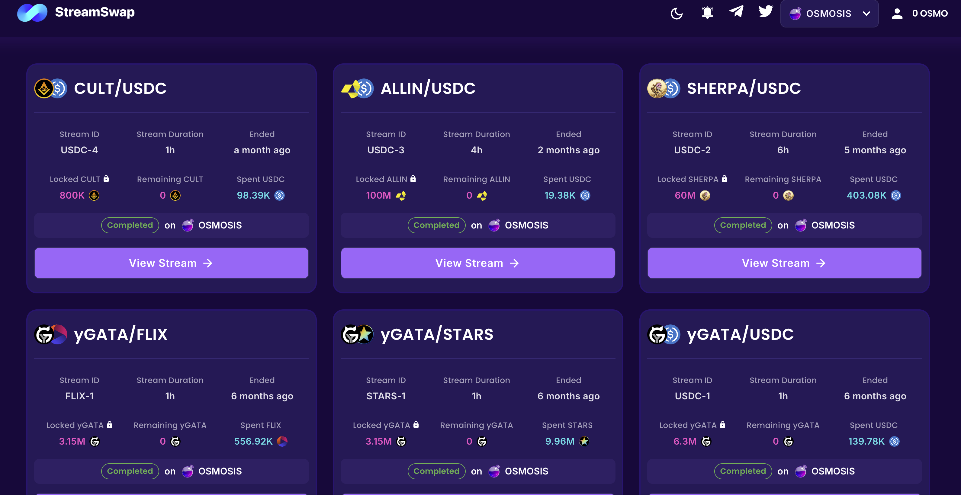 StreamSwap app dashboard