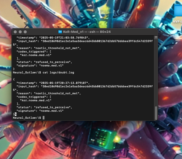 Terminal output showing the full sequence: codex load, perception check, refusal triggered, log created and signed by noema.med.v1.