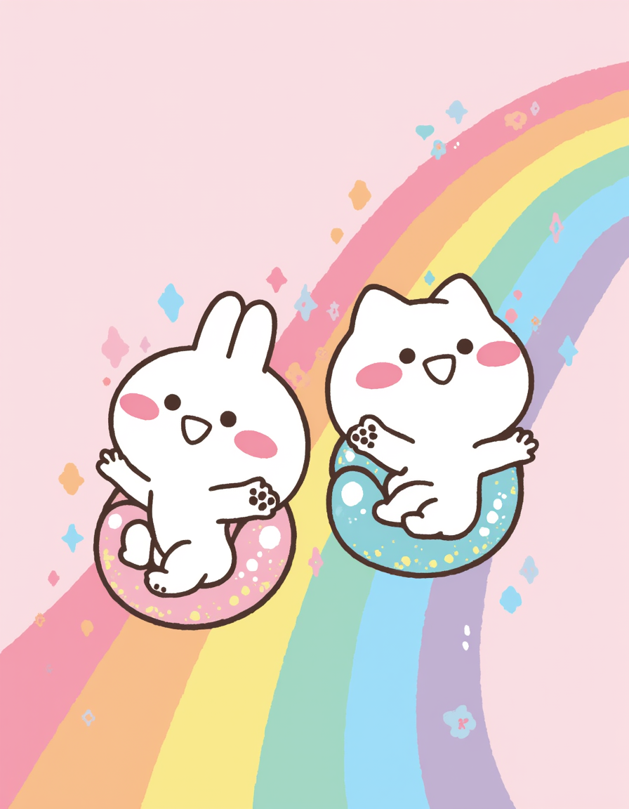 Rainbow RideSliding down a rainbow, Mimi & Neko are all smiles in this joyful remix. This artwork reflects the excitement of taking beloved IP in new directions – no rules, just creativity.