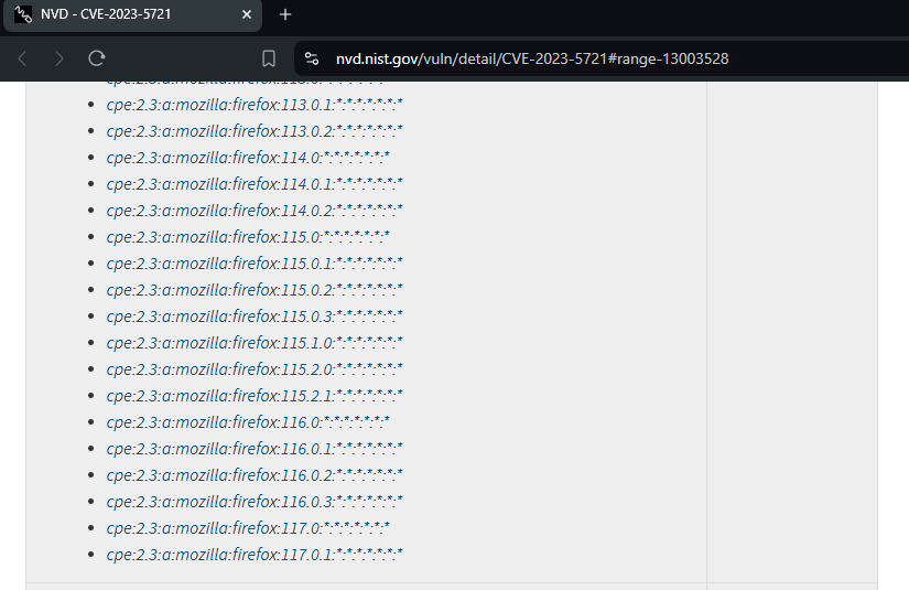 CVE-2023-5721 on nvd.nist.gov without FF 118 branch