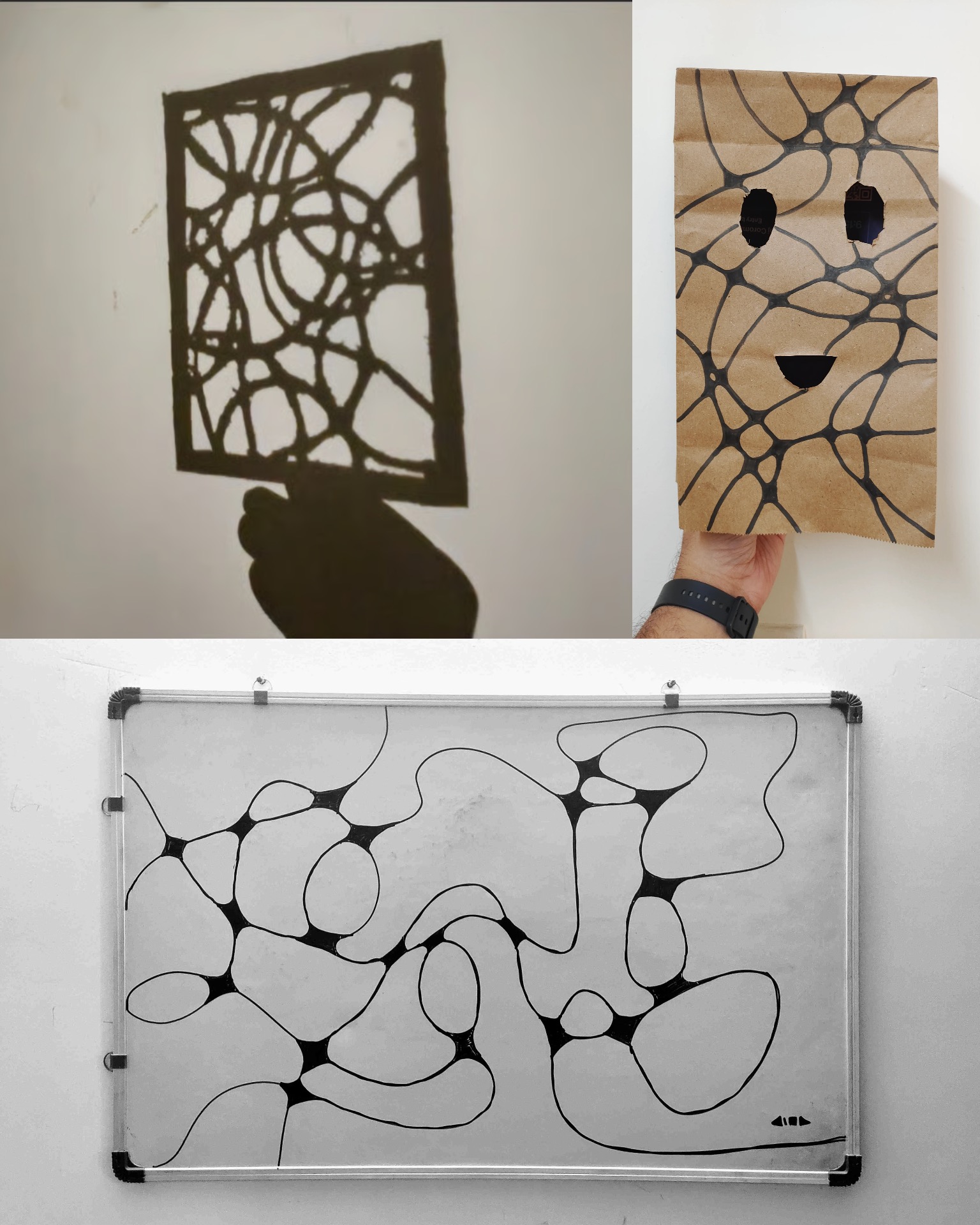A few unique canvases: Stencil carved out of cardboard, neurographic art on a paper bag and white board