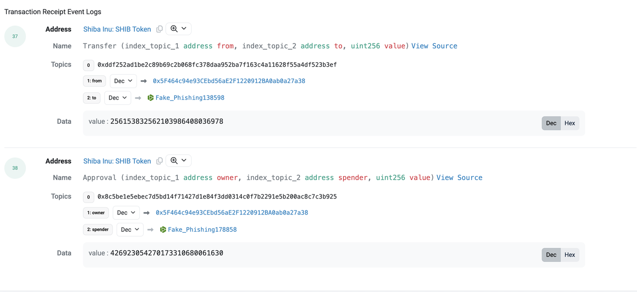 거래는 공격자가 256153832.56 SHIB를 빼내는 것에 의해 수행되었습니다.
