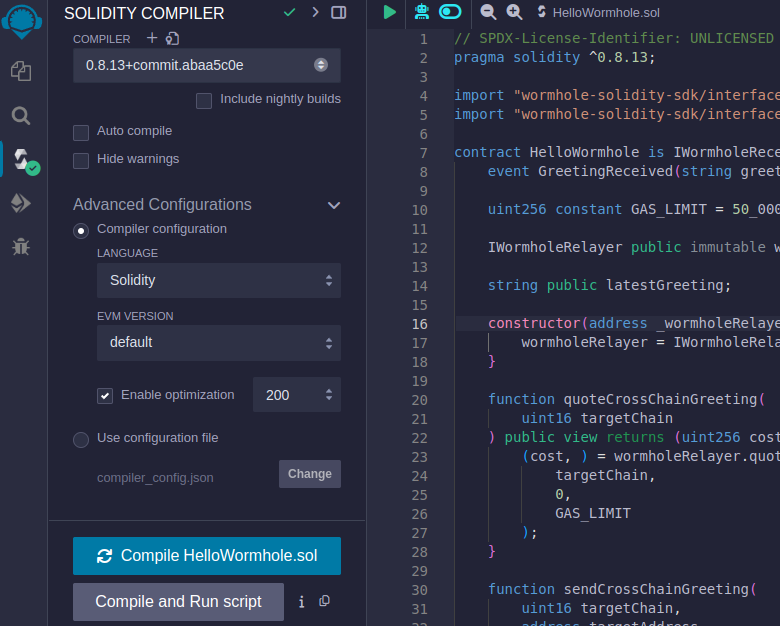Compile file HelloWormhole.sol