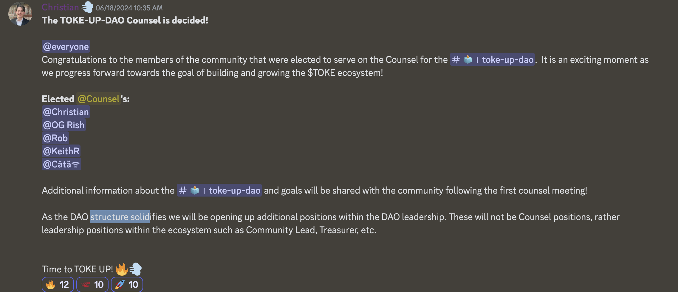 Announcement of Counsel Election Results