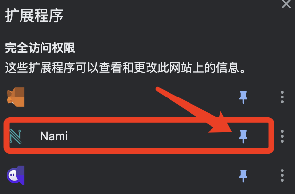 点击 Nami 钱包后面的📌来固定 Nami