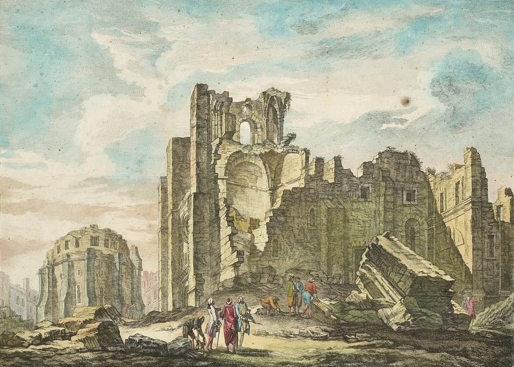 Ruina da Igreja de Santa Maria Maior após o Terramoto de 1755, por Jacques Philippe Le Bas (1757).