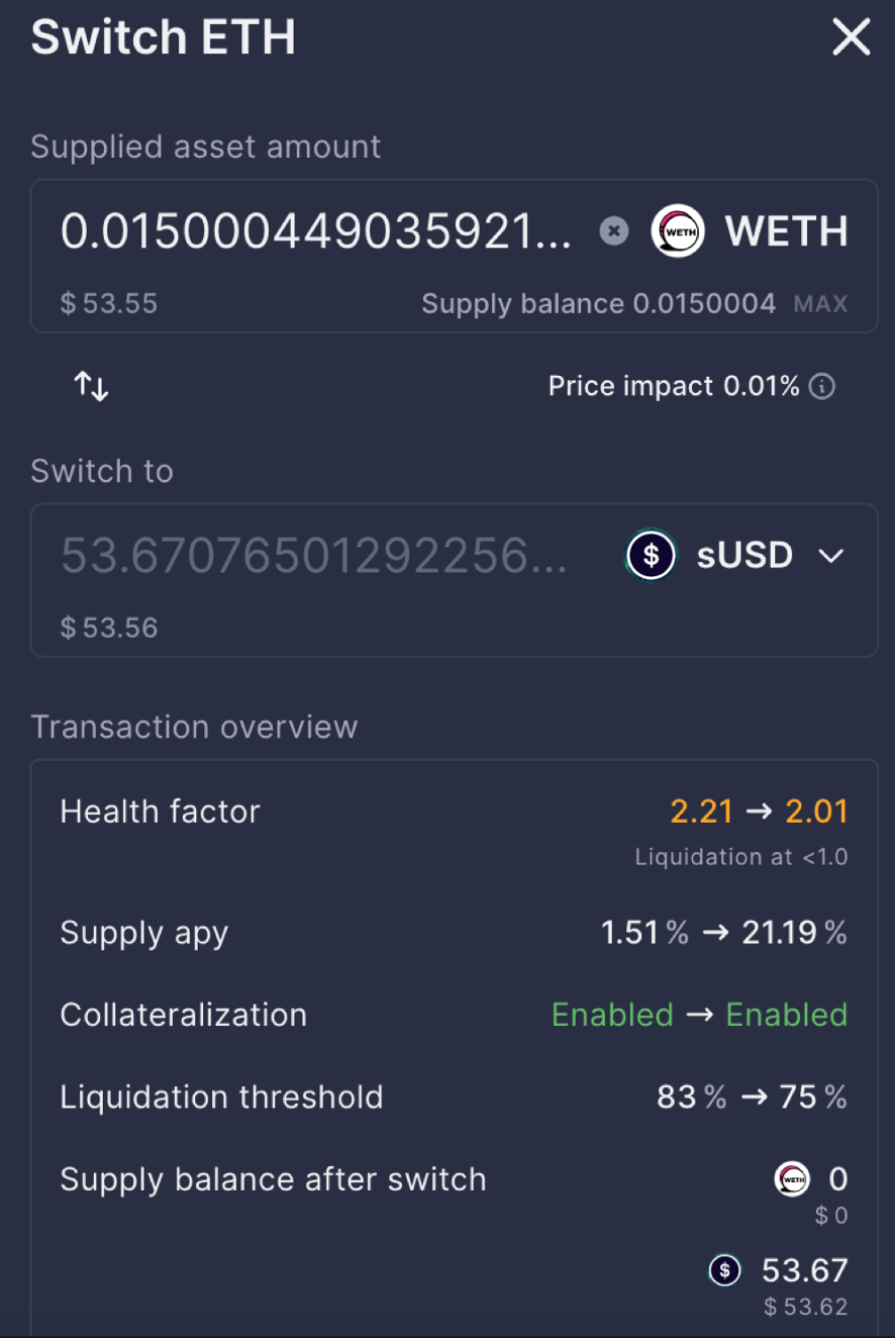 NOTE: be aware of the potential change in the value of your supplying amount in USD due to price impact.