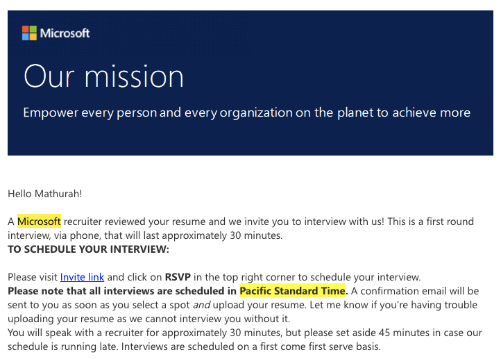 Invitation for a first-round interview at Microsoft