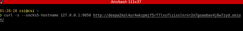 Figure 6. Terminal command using curl to access an .onion address via SOCKS5 proxy.