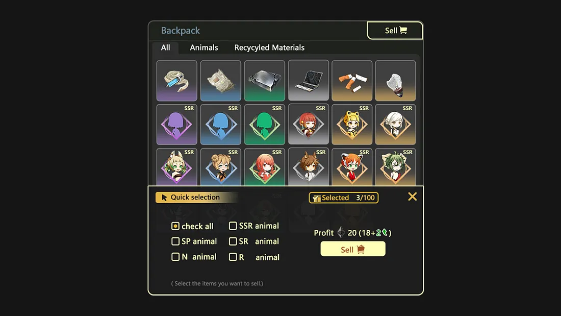 ACE Animals Official Website: Backpack Interface