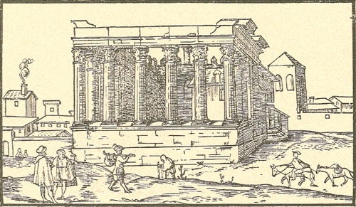 Gravura do Templo de Évora, baseada numa xilografia que terá sido feita no século XIV.