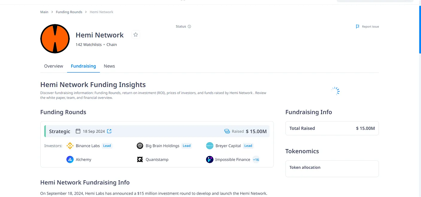 Hemi Network Funding Data from Cryptorank.io