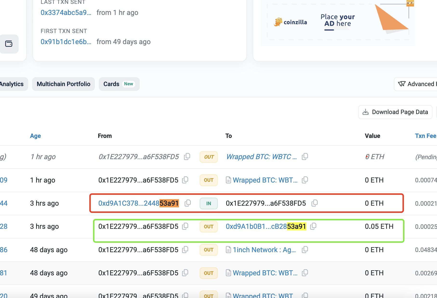 As shown in the image, the green box highlights the transaction (Tx) originally sent by the victim — a small test transaction commonly used to verify the destination wallet before sending a large amount. The red box shows the poisoning transaction crafted by the attacker. In this scam, the attacker mimicked the destination address and sent a 0 ETH transaction to the victim’s wallet, making it appear similar in their transaction history. The victim mistakenly copied the attacker’s spoofed address from the poisoned Tx instead of their own original test Tx, ultimately sending funds to the wrong address. This is how the wallet poisoning scam tricked the victim.