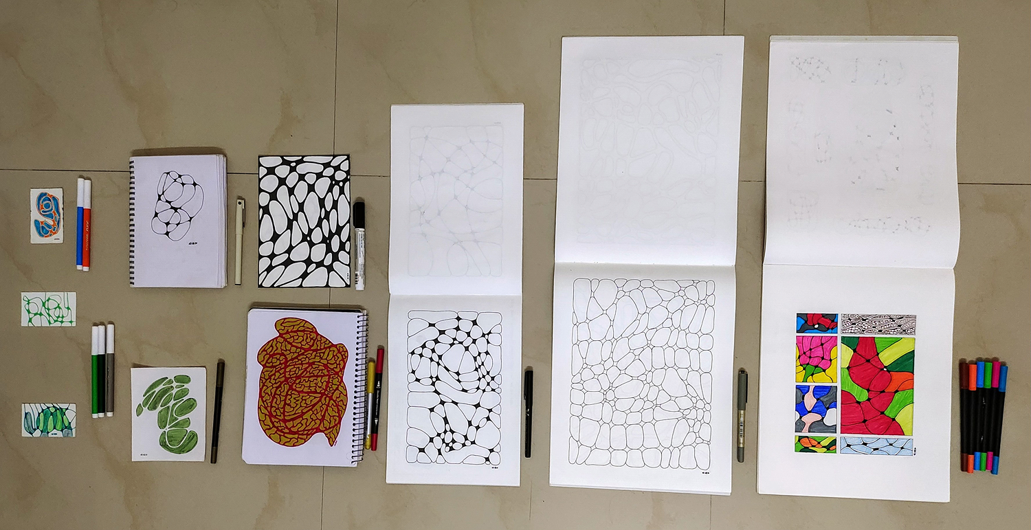 The different canvases and pens that I used to produce neurographic art over the year