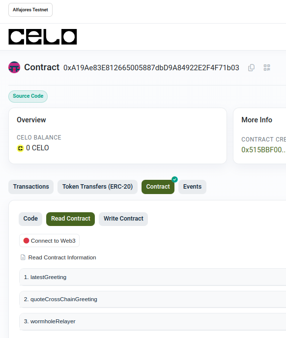 The contract interaction tab on Celo Explorer