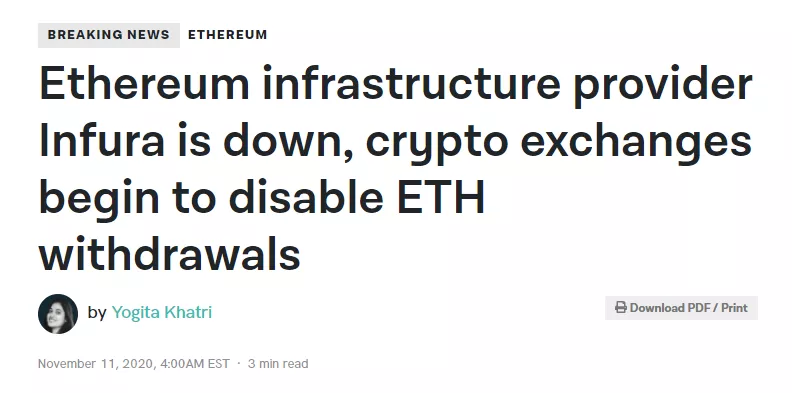 Infura宕机影响大量交易所和加密应用的运行的新闻报道，来源：The block