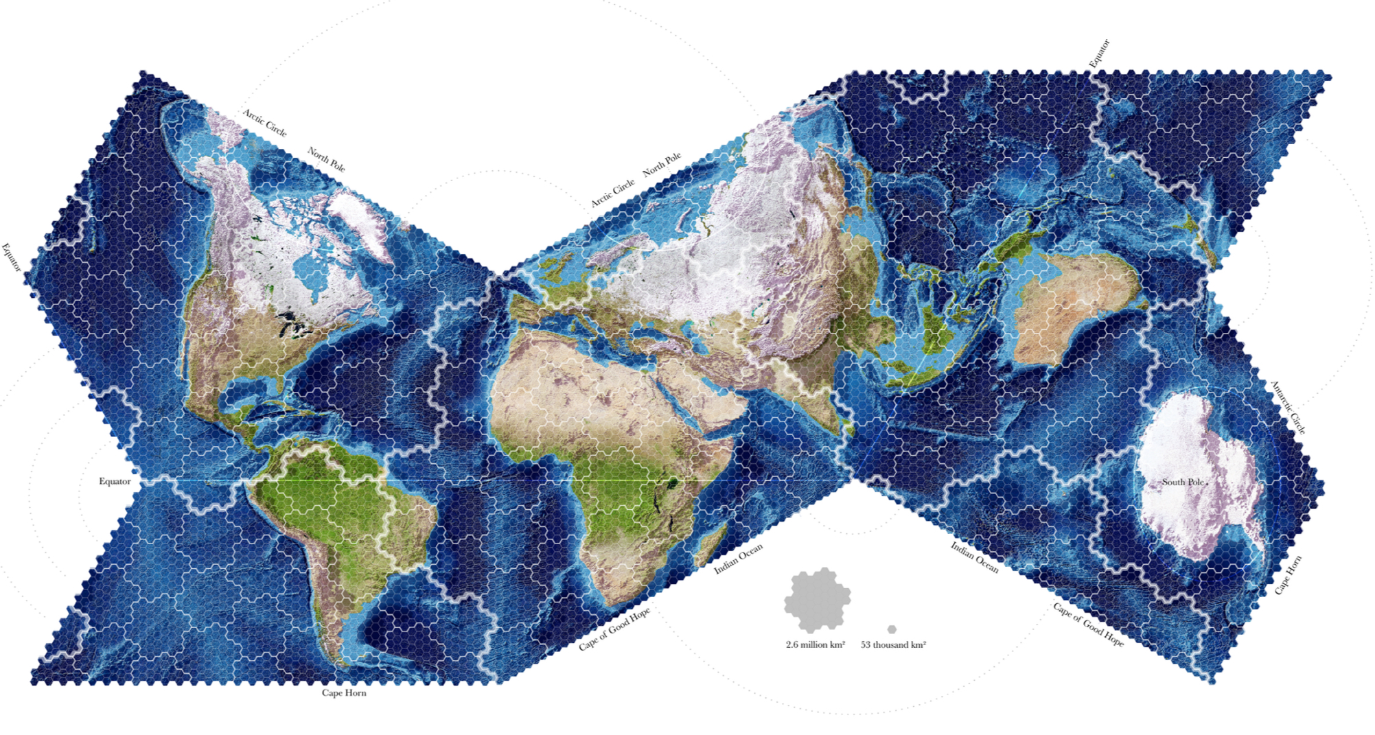 The Gosper World map in all its glory, using the Blue Marble imagery from Nasa